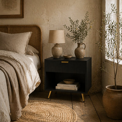 Wyld Haus Hana Bano Black And Gold-Tone Bedside Table With Ribbed Drawer And Shelf, 50W X 40D X 47H Cm - image 1
