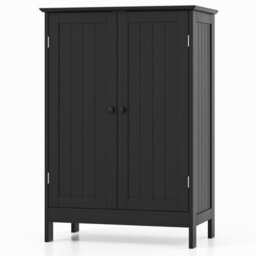Costway Bathroom Floor Cabinet Wooden Freestanding Storage Cupboard With Adjustable Shelf Black - thumbnail 3