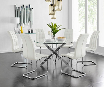 Furniturebox Uk Novara Chrome Metal And Glass Large Round Dining Table And 6 White Murano Chairs Set - image 1