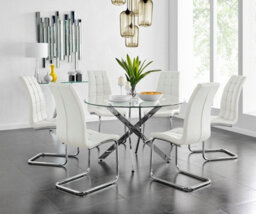 Furniturebox Uk Novara Chrome Metal And Glass Large Round Dining Table And 6 White Murano Chairs Set - thumbnail 1