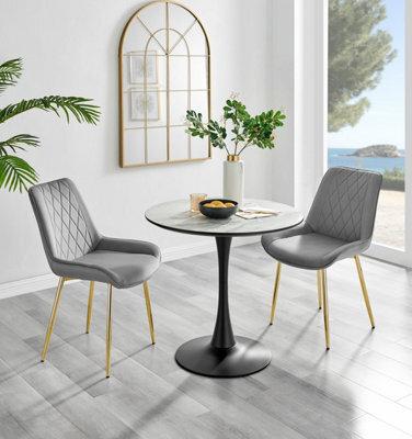 Furniturebox Elina White Marble Effect Round Pedestal Dining Table With Curved Black Support And 2 Grey Velvet Pesaro Gold Leg Chairs - image 1