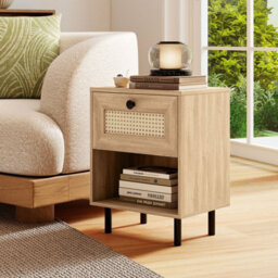 Costway Set Of 2 Rattan Side Table Boho Style Bedside Table With Drawer & Open Storage Shelf-Natural - thumbnail 8