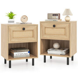 Costway Set Of 2 Rattan Side Table Boho Style Bedside Table With Drawer & Open Storage Shelf-Natural