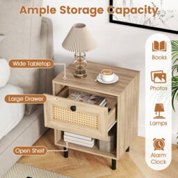 Costway Set Of 2 Rattan Side Table Boho Style Bedside Table With Drawer & Open Storage Shelf-Natural - thumbnail 5