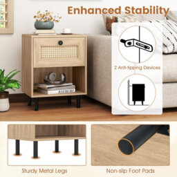 Costway Set Of 2 Rattan Side Table Boho Style Bedside Table With Drawer & Open Storage Shelf-Natural - thumbnail 6
