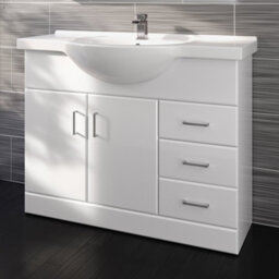 Ibathuk 1050mm White Gloss Basin Vanity Unit Sink Cabinet Bathroom Drawer Storage Furniture - thumbnail 1