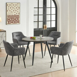 Sonara Dark Walnut Round Dining Table 100 Cm With 4 Faux Suede Chairs, 5-Piece Modern Dining Set