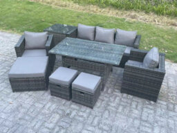 Fimous 8 Seater Outdoor Garden Furniture Set Patio Rattan Rectangular Dining Table Lounge Sofa Chair With Side Table Big Footstool - thumbnail 2