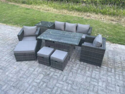 Fimous 8 Seater Outdoor Garden Furniture Set Patio Rattan Rectangular Dining Table Lounge Sofa Chair With Side Table Big Footstool - thumbnail 1