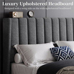 Yaheetech Bed Frame With Channel Tufted Headboard - Dark Grey / King - thumbnail 3