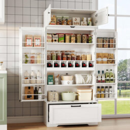 Abrihome 180Cm Tall Freestanding Pantry Cabinet - Adjustable Shelves, Drawer, Wine Rack & Door Storage, For Kitchen Or Living Room - thumbnail 2