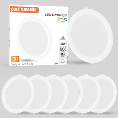 Paul Russells Led Round Panel Ceiling Lights, 18W 1980 Lumens, Spotlights, Ip20, 6500K Day Light, Pack Of 6 - image 1