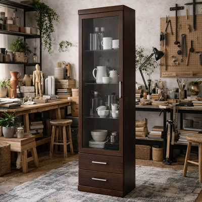 Wyld Haus Sonderborg Dark Mahogany Tall Cabinet With 1 Glass Door And 2 Drawers, Narrow - image 1