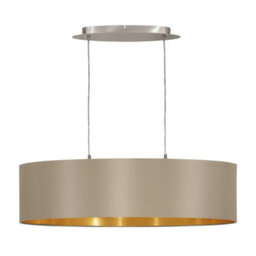 Elegant Satin Nickel Pendant Ceiling Light With Taupe Gold Fabric Shade