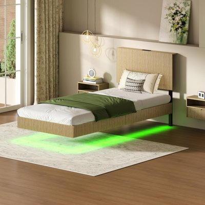 Matteo Modern Floating Bed Frame With Led Lighting, Fluted Headboard & Usb Charging - Natural - image 1