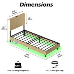 Matteo Modern Floating Bed Frame With Led Lighting, Fluted Headboard & Usb Charging - Natural - thumbnail 4