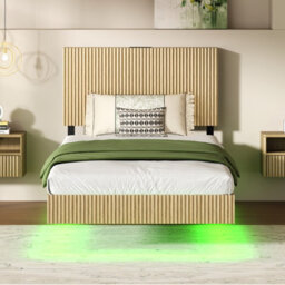 Matteo Modern Floating Bed Frame With Led Lighting, Fluted Headboard & Usb Charging - Natural - thumbnail 5