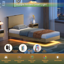 Matteo Modern Floating Bed Frame With Led Lighting, Fluted Headboard & Usb Charging - Natural - thumbnail 7