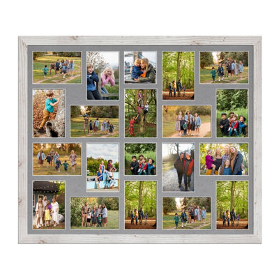 AK Frames 80X70Cm White Rustic Modern Multi Photo Frame With Mid Grey Mount - Holds 20 Apertures (18X) 6X4, (2X) 4X4 Photos - image 1