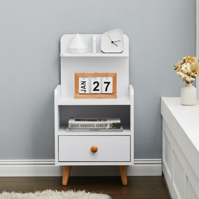 Living And Home White Wooden Bedside Table Nightstand With 1 Drawer And Storage Shelf - image 1