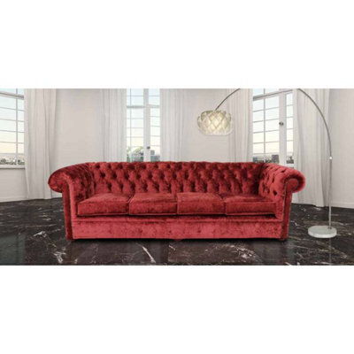 Chesterfield 4 Seater Sofa Settee Elegance Ruby Red Velvet Fabric In Classic Style - image 1