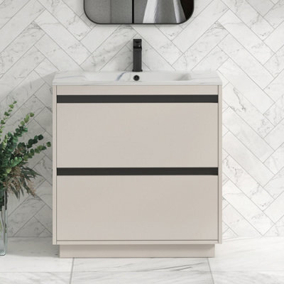 Royal Bathrooms Orion 800mm Warm Taupe 2 Drawer Floor Standing Bathroom Vanity Unit With Carrara White Basin & Black Accent Trim - image 1