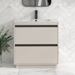 Royal Bathrooms Orion 800mm Warm Taupe 2 Drawer Floor Standing Bathroom Vanity Unit With Carrara White Basin & Black Accent Trim