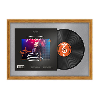 "AK Frames 25X17"" Oak Classic Vinyl Record Frame With Mid Grey Mount For 12 Inch Lp Cover & Disc - Overlapped Design" - image 1