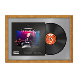 "AK Frames 25X17"" Oak Classic Vinyl Record Frame With Mid Grey Mount For 12 Inch Lp Cover & Disc - Overlapped Design"
