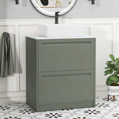 Royal Bathrooms Royal Bathroom Elmore 700mm Matt Green Freestanding Bathroom Vanity Unit 2 Drawer Plain White Worktop With Cube Basin - image 1