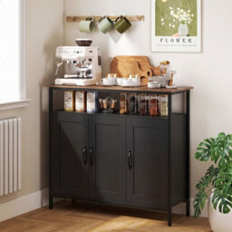 Homcom Industrial Kitchen Sideboard With Open Shelf & 2 Cabinets, Black - thumbnail 2