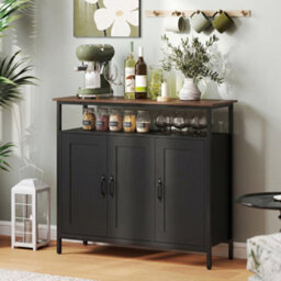 Homcom Industrial Kitchen Sideboard With Open Shelf & 2 Cabinets, Black - thumbnail 9