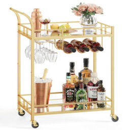 LEDREM Drinks Trolley, Bar Cart, Serving Trolley With 2 Mirrored Shelves, Wine Holders, Glass Holders, For Home Bar, Kitchen - thumbnail 2