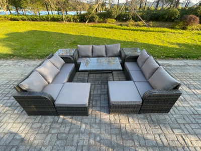 Fimous Rattan Garden Furniture Set 11 Seater Patio Outdoor Lounge Sofa Set With 2 Side Tables Rectangular Dining Table - image 1