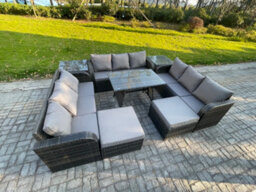Fimous Rattan Garden Furniture Set 11 Seater Patio Outdoor Lounge Sofa Set With 2 Side Tables Rectangular Dining Table - thumbnail 2