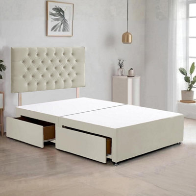 Cream Plush Fabric 4Ft6 Double Bed Frame With 20 Inch Chesterfiled Headboard And 2 Drawers - image 1