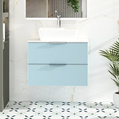 Royal Bathrooms Evora 700mm Powder Blue Fluted Wall Hung Vanity Unit 2 Drawer With Countertop Basin - Cube - image 1