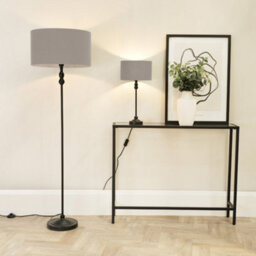 Valuelights Maggie Black Metal Candlestick Table Lamp With Grey Fabric Drum Shade And Led Bulb - thumbnail 4