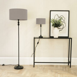 Valuelights Maggie Black Metal Candlestick Table Lamp With Grey Fabric Drum Shade And Led Bulb - thumbnail 3