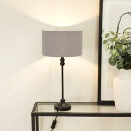 Valuelights Maggie Black Metal Candlestick Table Lamp With Grey Fabric Drum Shade And Led Bulb