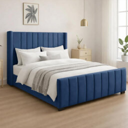 Naples Upholstered Navy Vertical Line Super King Size Bed Frame, Modern Luxury Floor-Standing Headboard & Footboard - thumbnail 2