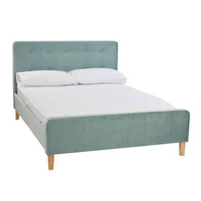 LPD Pierre 4.6 Double Upholstered Bed Aqua Velvet With Buttoned Headboard & Wooden Legs - image 1