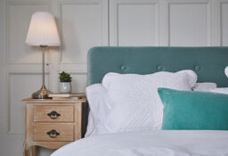 LPD Pierre 4.6 Double Upholstered Bed Aqua Velvet With Buttoned Headboard & Wooden Legs - thumbnail 4