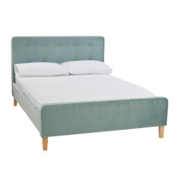 LPD Pierre 4.6 Double Upholstered Bed Aqua Velvet With Buttoned Headboard & Wooden Legs