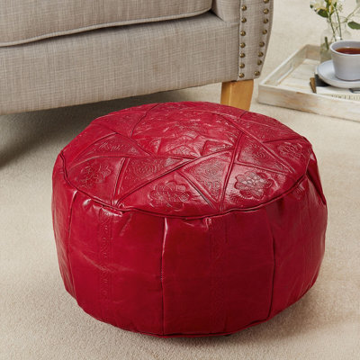 Red Tunisian Leather Round Pouffe Footrest - Hand Crafted Artisan Leather Beanbag Footstool Seat - Measures H25.5 X W47Cm - image 1