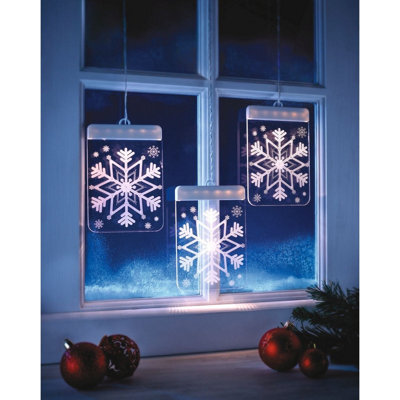 3 X 3D Hanging Snowflake Lights - Battery Powered Christmas Themed Window Decoration - Each Light Measures H16 X W11.5 X D1Cm