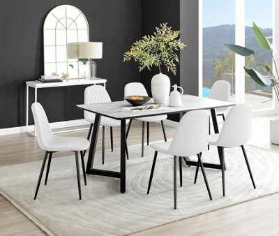 Furniturebox Carson 6 Seater White Marble Effect Rectangular Scratch Resistant Dining Table With 6 White Corona Faux Leather Black Leg Chairs - image 1