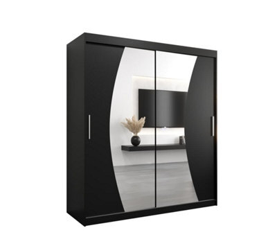 Arte Wave Contemporary 2 Mirrored Sliding Door Wardrobe 9 Shelves 2 Rails Black Matt (H)2000mm (W)1800mm (D)620mm - image 1