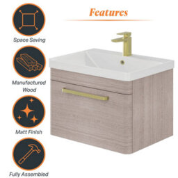 Plum&clay Emery Textured Grey Wall Hung Bathroom Vanity Unit & Basin Set With Gold Handles (W)80Cm (H)46Cm - thumbnail 6
