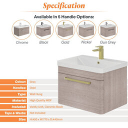 Plum&clay Emery Textured Grey Wall Hung Bathroom Vanity Unit & Basin Set With Gold Handles (W)80Cm (H)46Cm - thumbnail 5